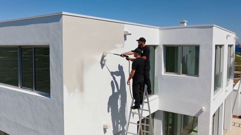 Contractors applying a coating to the exterior wall of a double-storey home